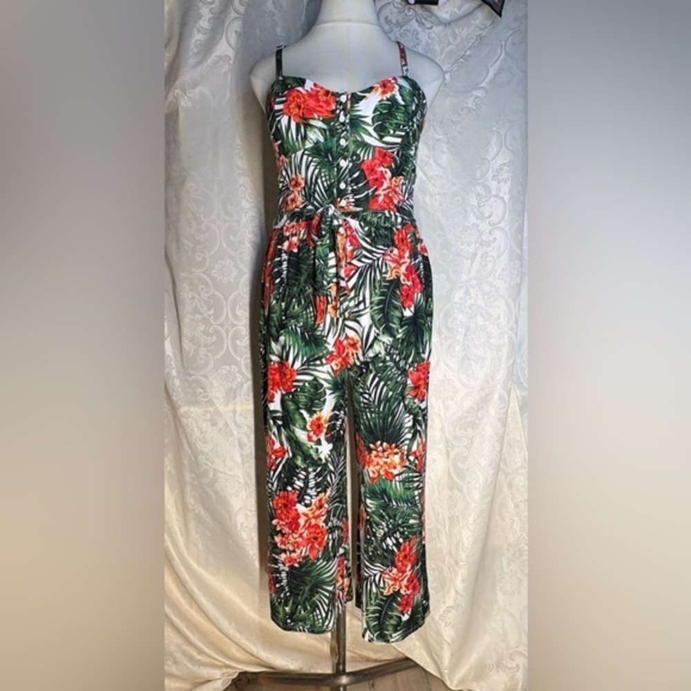 No Boundaries Green and Red Floral Jumpsuit
